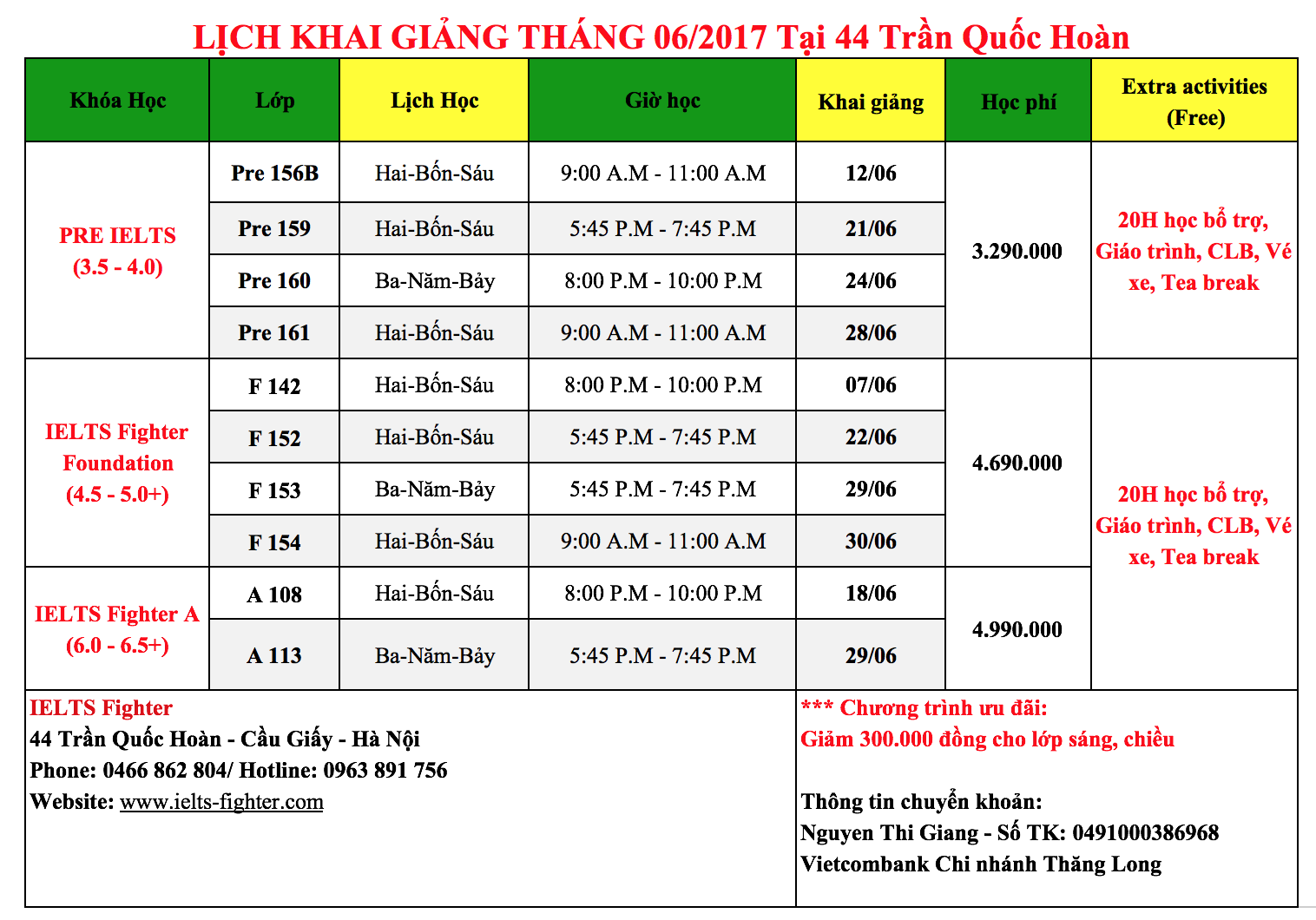 Lịch khải giảng các luyện thi IELTS Fighter - tháng 6 - cơ sở 2 - 44 Trần Quốc Hoàn - Hà Nội
