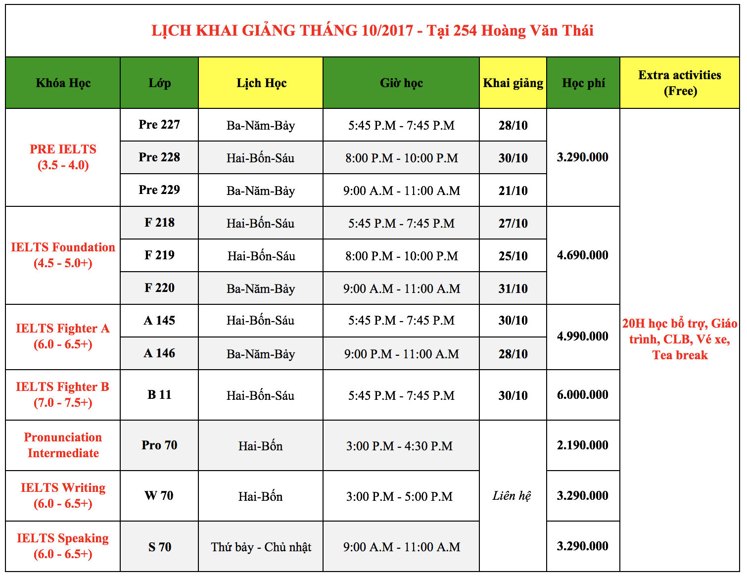 lịch khai giảng IELTS Fighter Hoàng Văn Thái tháng 10 - Trung tâm luyện thi IELTS Fighter