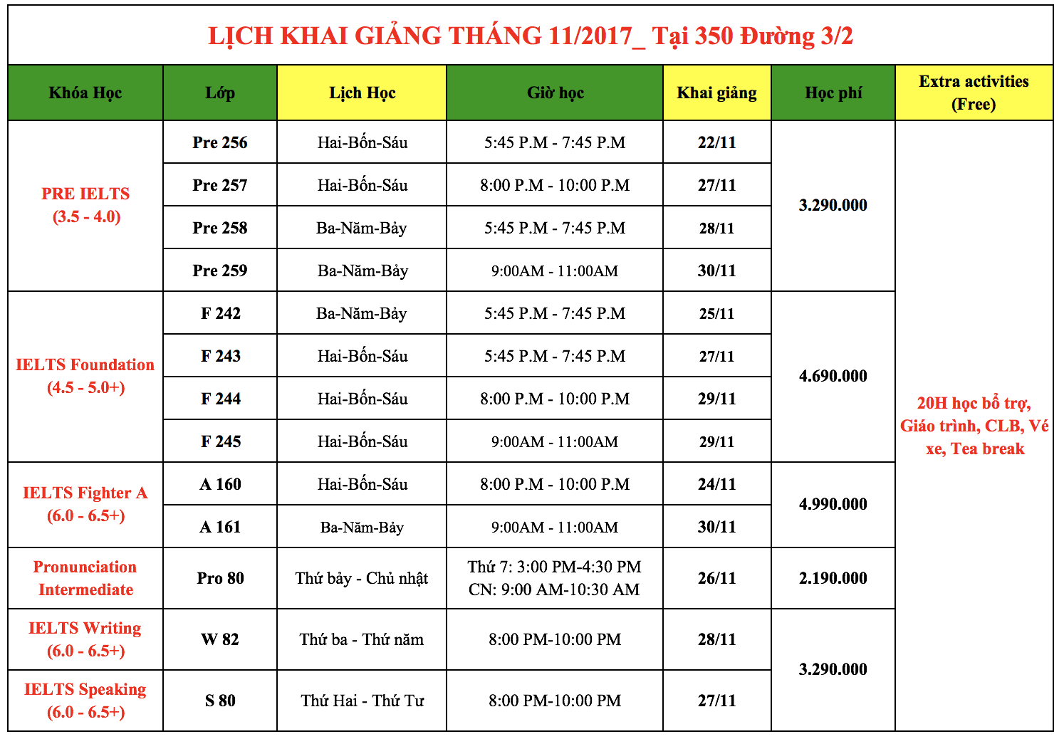 Lịch khai giảng cơ sở 4 - 3/2 Hồ Chí Minh tại IELTS Fighter - Trung tâm luyện thi IELTS hàng đầu Việt Nam