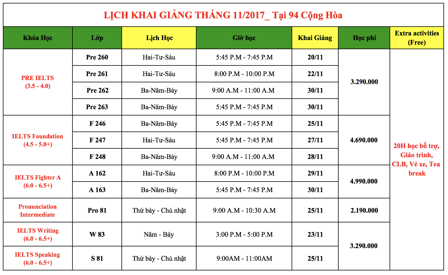 Lịch khai giảng cơ sở 94 Cộng Hoà tháng 11 - IELTS Fighter