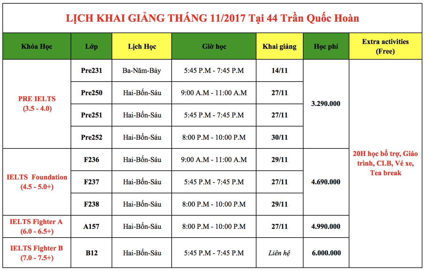 Lịch khai giảng IELTS Fighter 44 Trần Quốc Hoàn tháng 11 - Trung tâm luyện thi IELTS Fighter