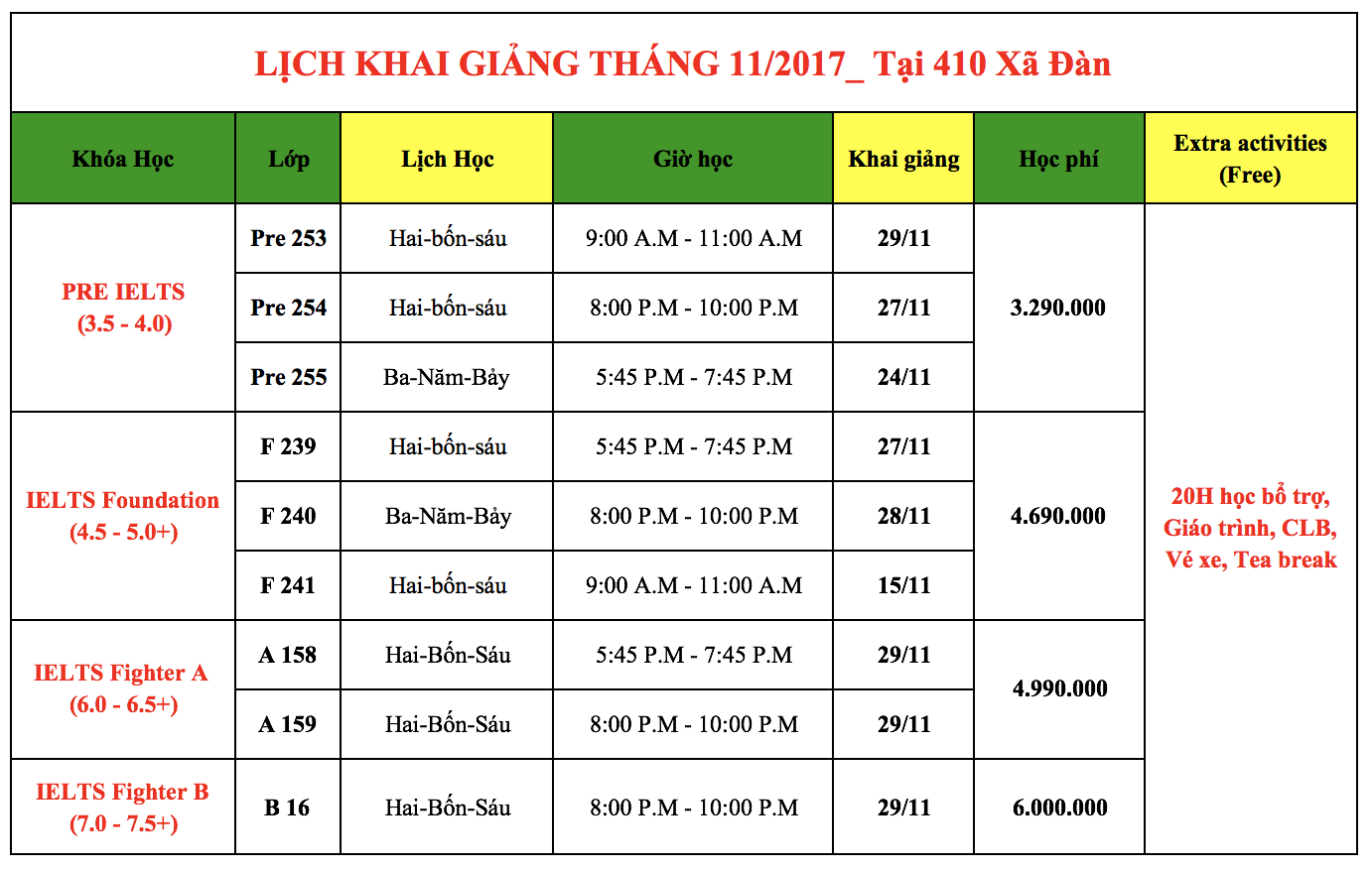 Lịch khai giảng cơ sở 410 Xã Đàn - Trung tâm luyện thi IELTS Fighter