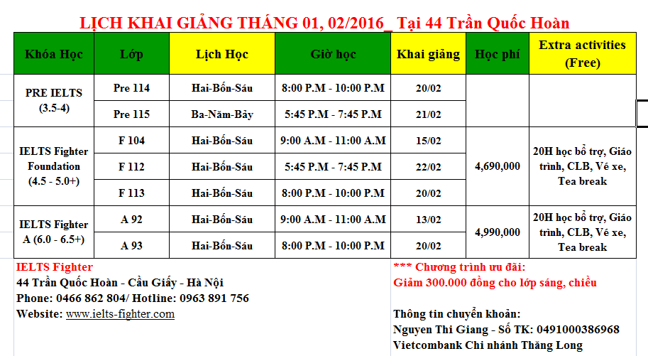 Lịch khai giảng luyện thi IELTS - IELTS Fighter