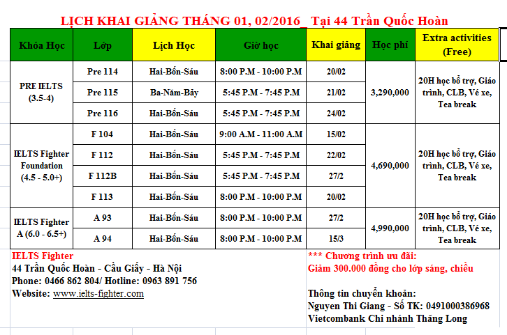 Lịch khai giảng luyện thi IELTS - IELTS Fighter