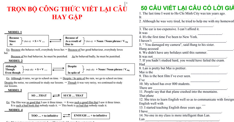 Công thức viết lại câu hay gặp