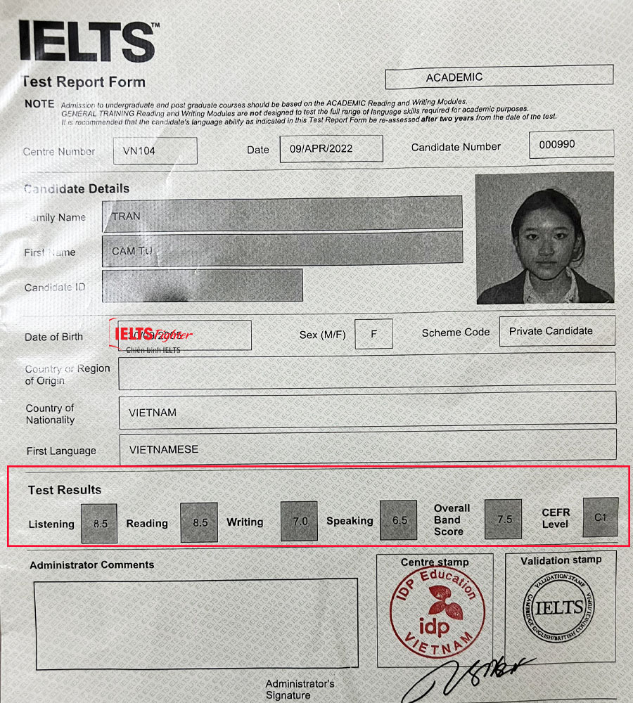 học viên IELTS Fighter Bắc Ninh - bảng điểm cẩm tú 7.0 IELTS