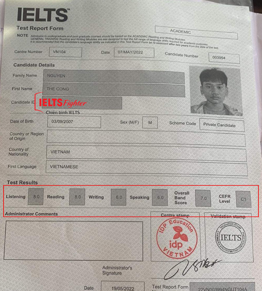 bằng 7.0 ielts của thế công 