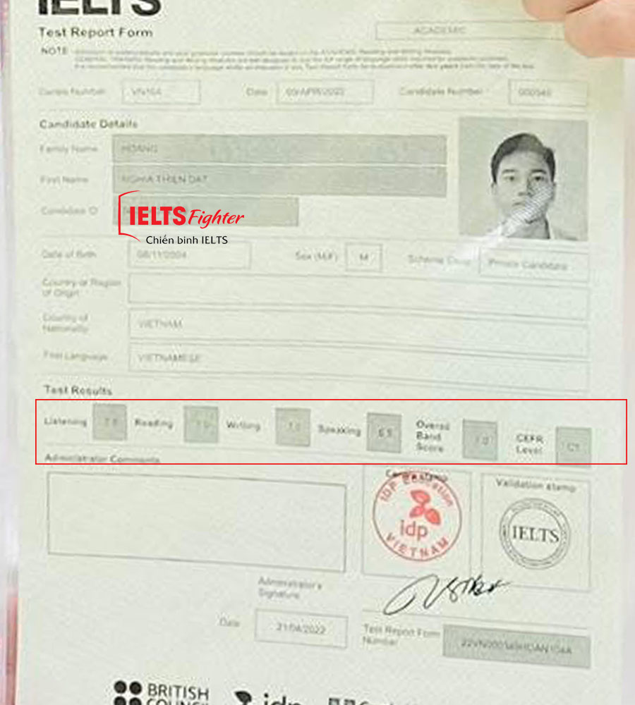 thiện đạt 7.0 ielts bảng điểm