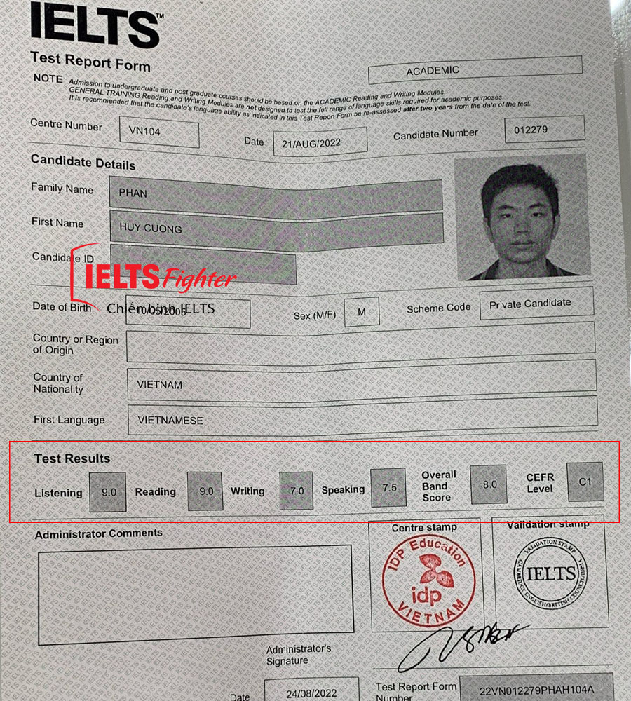 bảng điểm Huy cường 8.0 IELTS