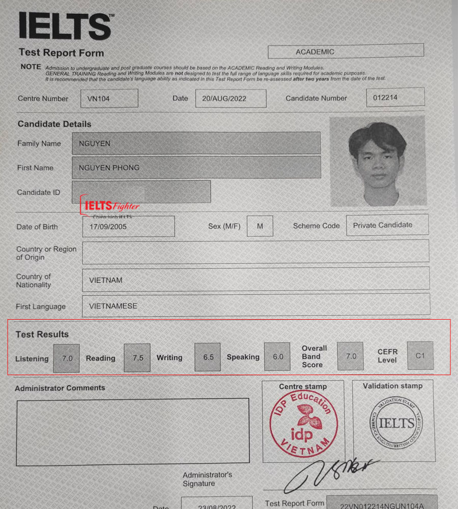 bảng điểm nguyên phong 7.0 IELTS