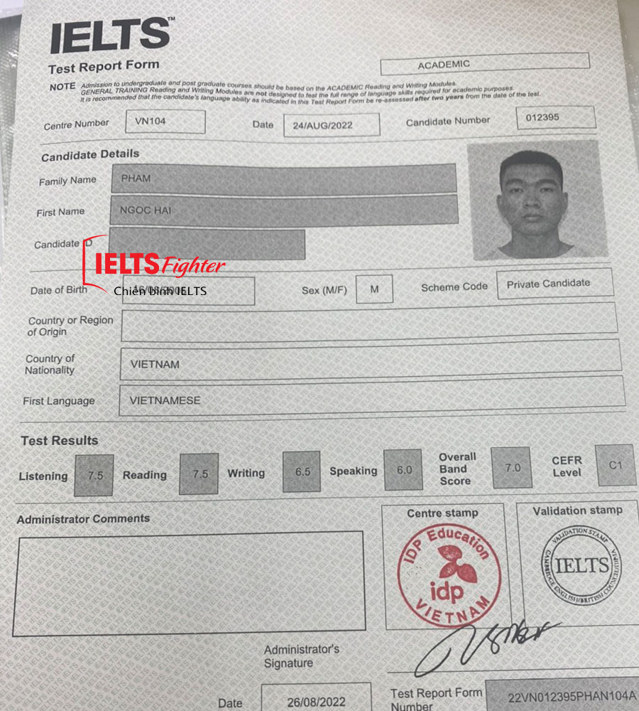 bảng điểm ngọc hải 7.0 ielts