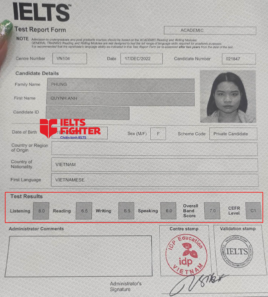 bảng điểm quỳnh anh 7.0 ielts