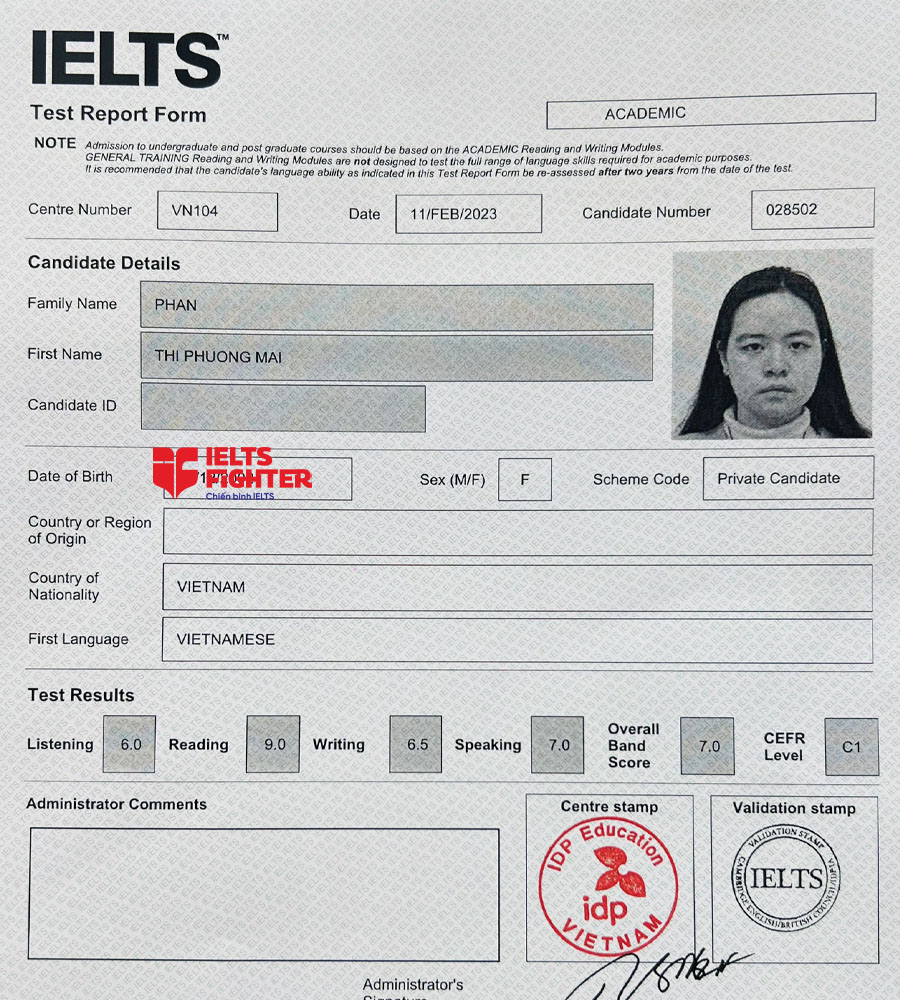 bảng điểm mai phương 7.0 ielts