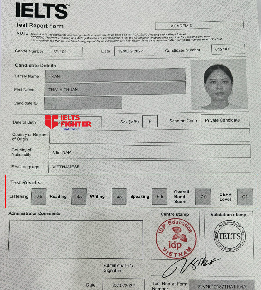 bảng điểm thanh thuận 7.0 IELTS