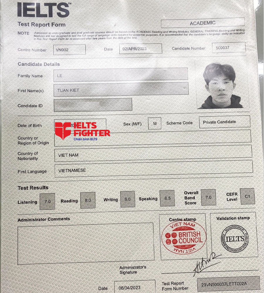 bảng điểm tuấn kiệt 7.0 IELTS