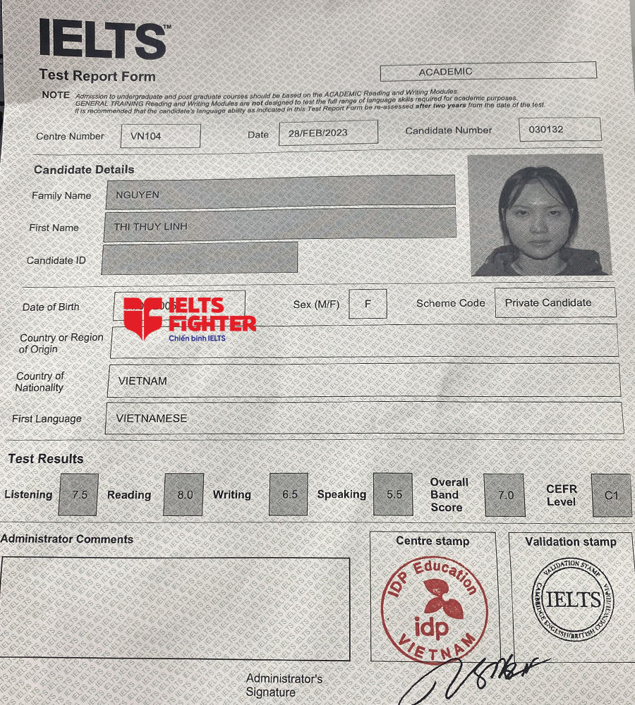 bảng điểm thùy linh 7.0 ielts 