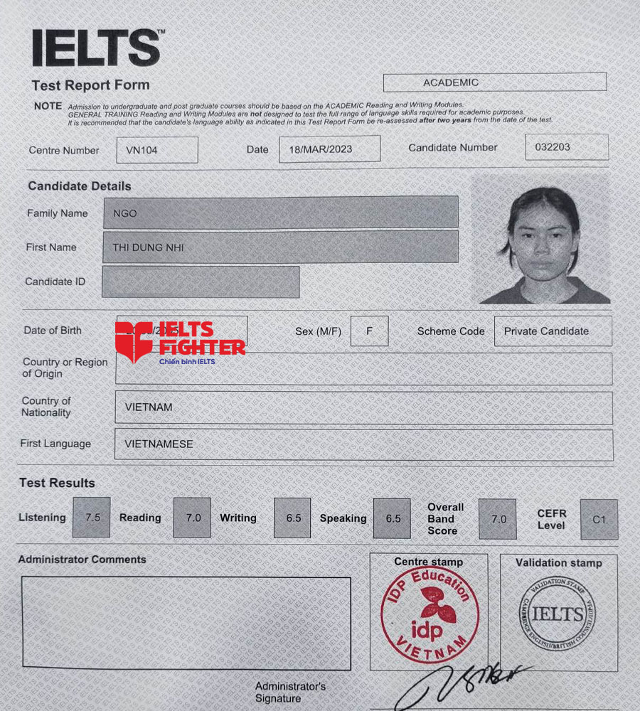 bảng điểm dung nhi 7.0 ielts