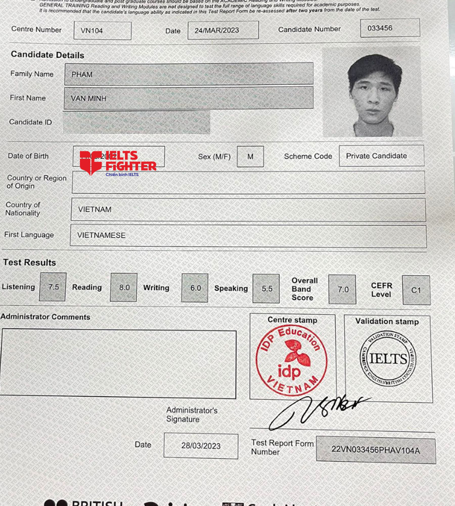 bảng điểm nhật minh 7.0 ielts