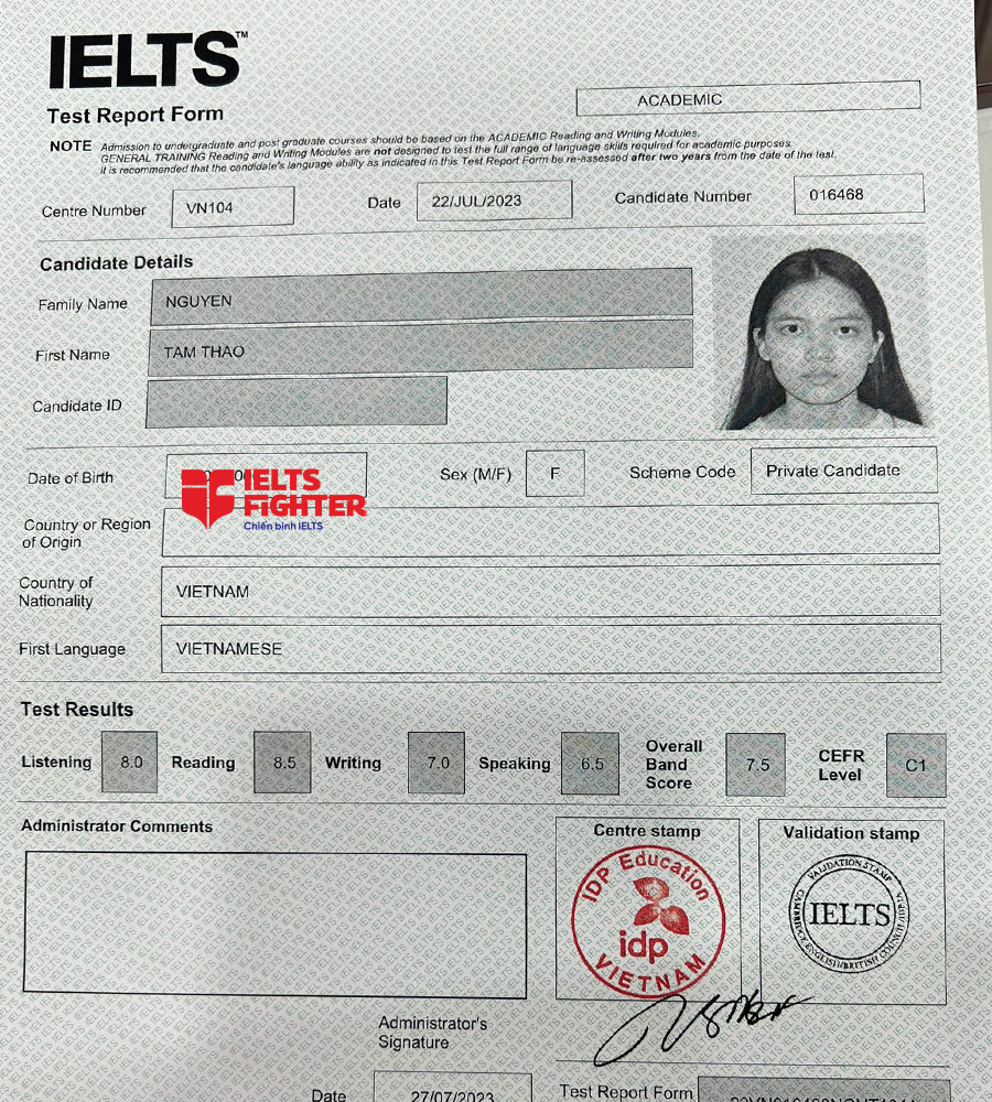 bảng điểm tâm thảo học sinh thpt chuyên sư phạm 7.0 IELTS