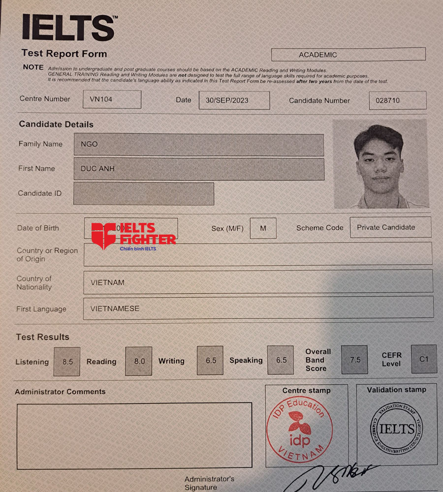 Bảng điểm đức anh 7.5 IELTS