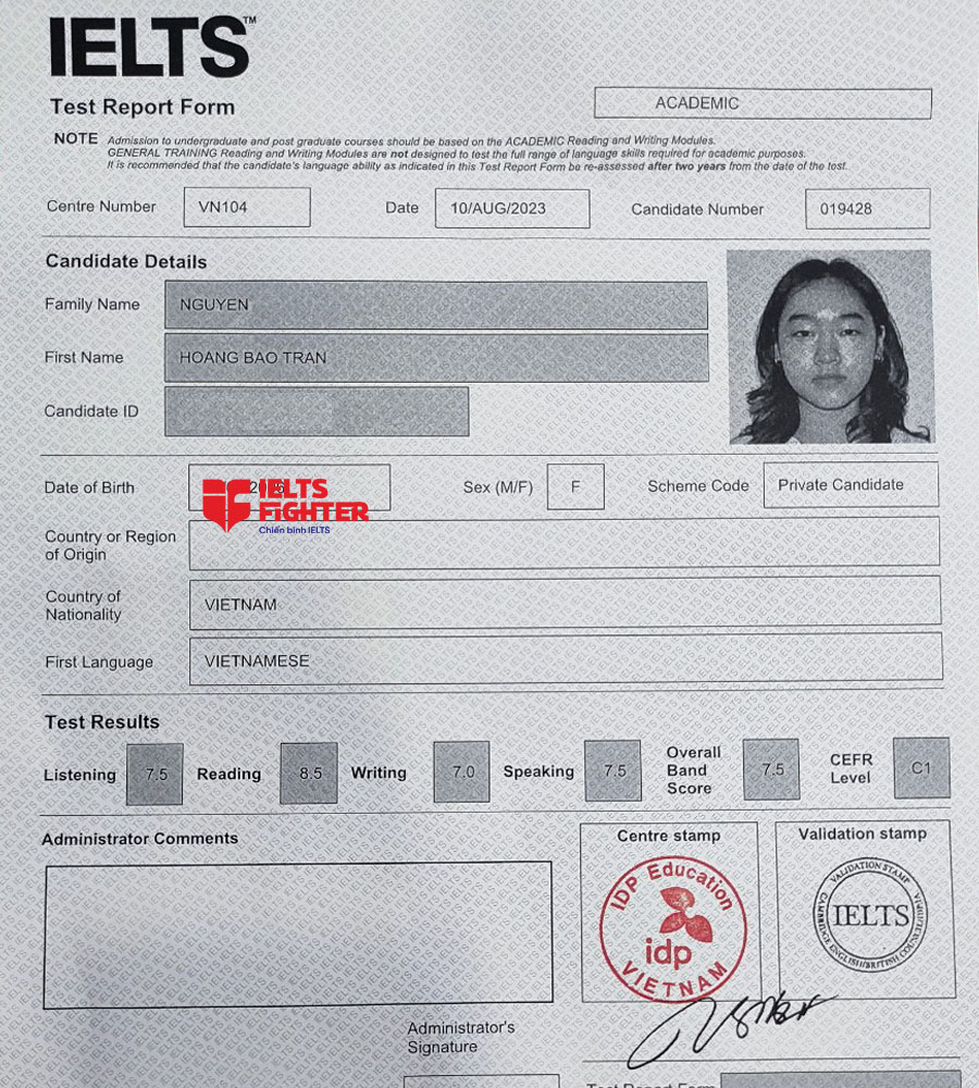 bảng điểm bảo ngân 7.5 IELTS