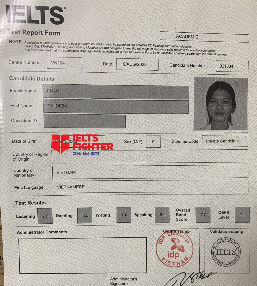 bảng điểm Phan diễm 7.0 IELTS