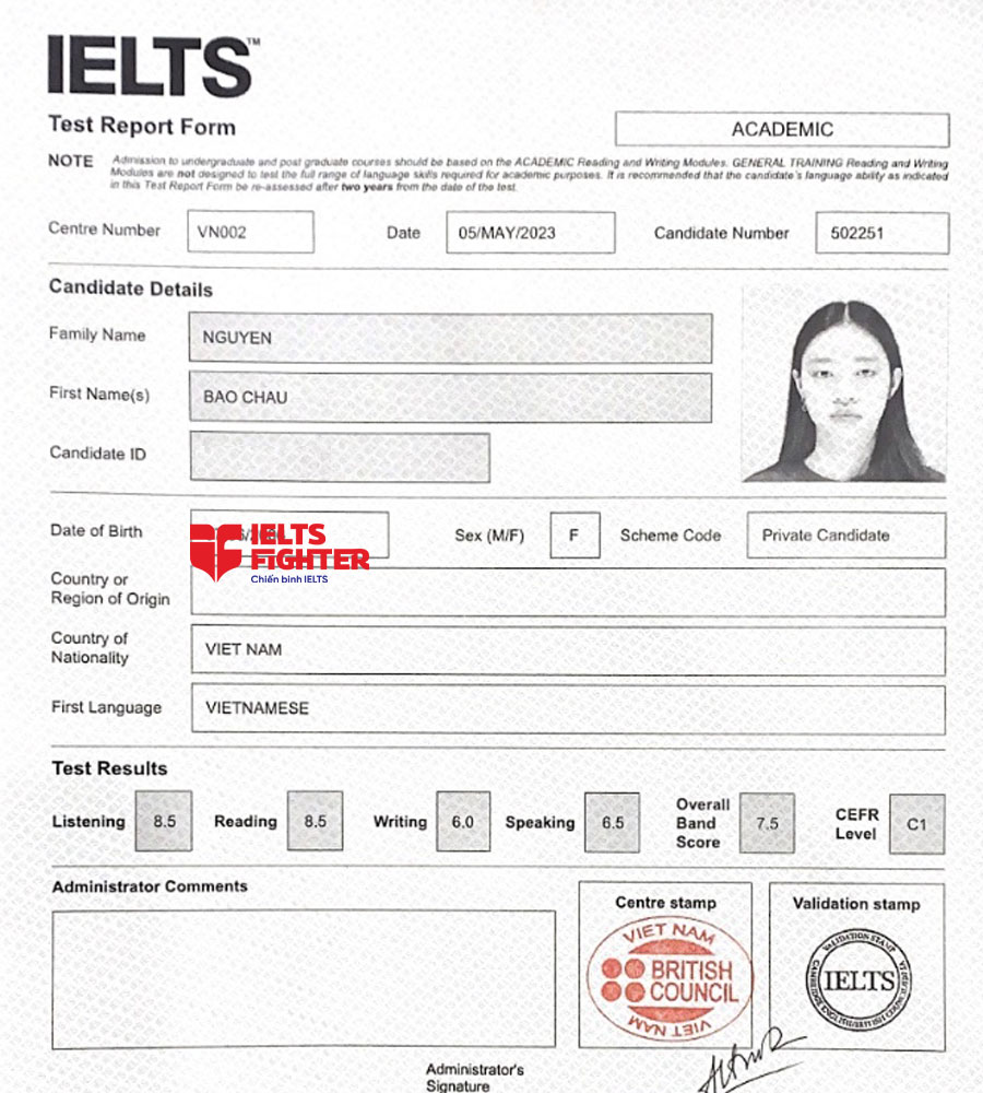 Bảng điểm bảo châu 7.5 IELTS