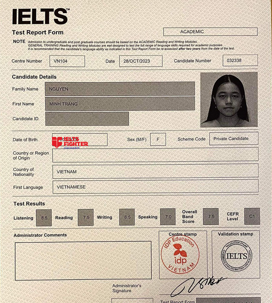 Bảng điểm minh trang 7.5 IELTS