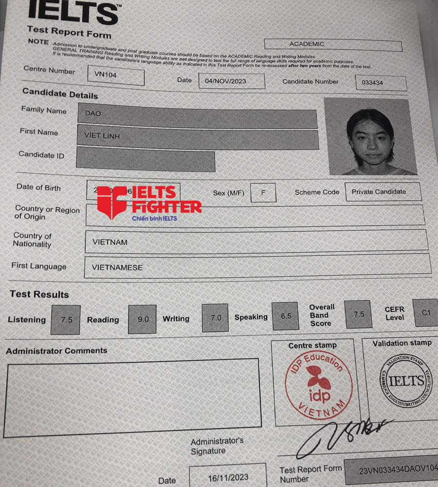 bảng điểm Việt linh 7.5 IELTS