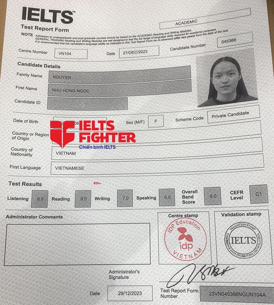 bảng điểm như ngọc 8.0 IELTS