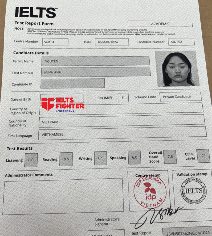 bảng điểm Minh anh 7.5 IELTS