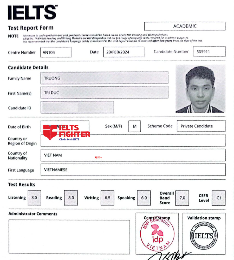 bảng điểm Trí đức 7.0 IELTS