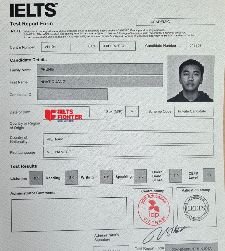 bảng điểm Phùng Nhật Quang 7.0 IELTS