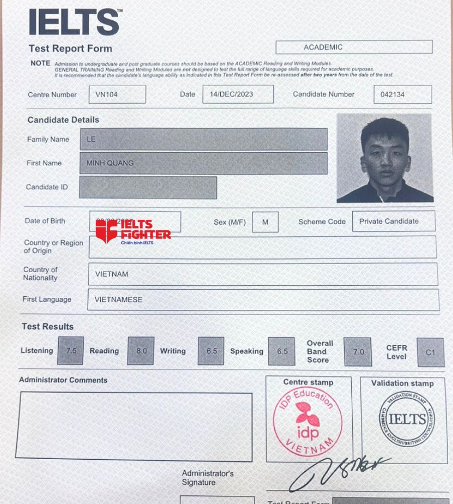 bảng điểm Minh Quang 7.0 IELTS