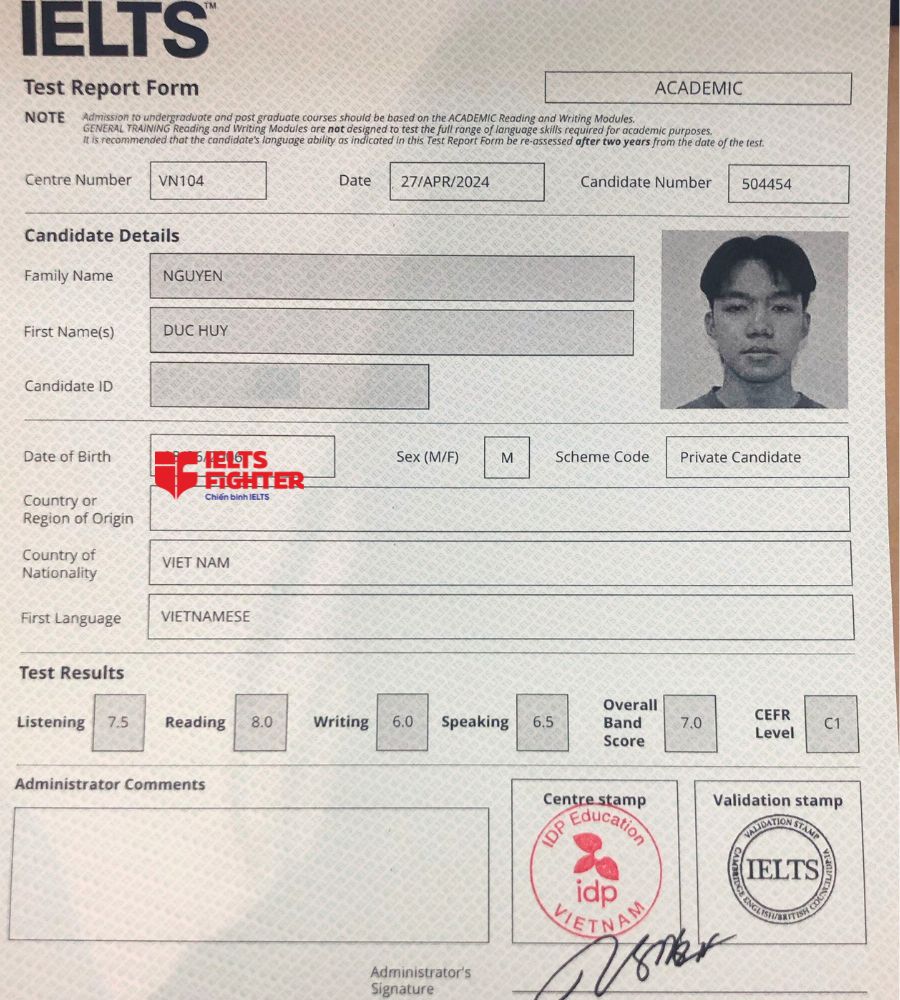 bảng điểm Nguyễn Đức Huy 7.0 IELTS