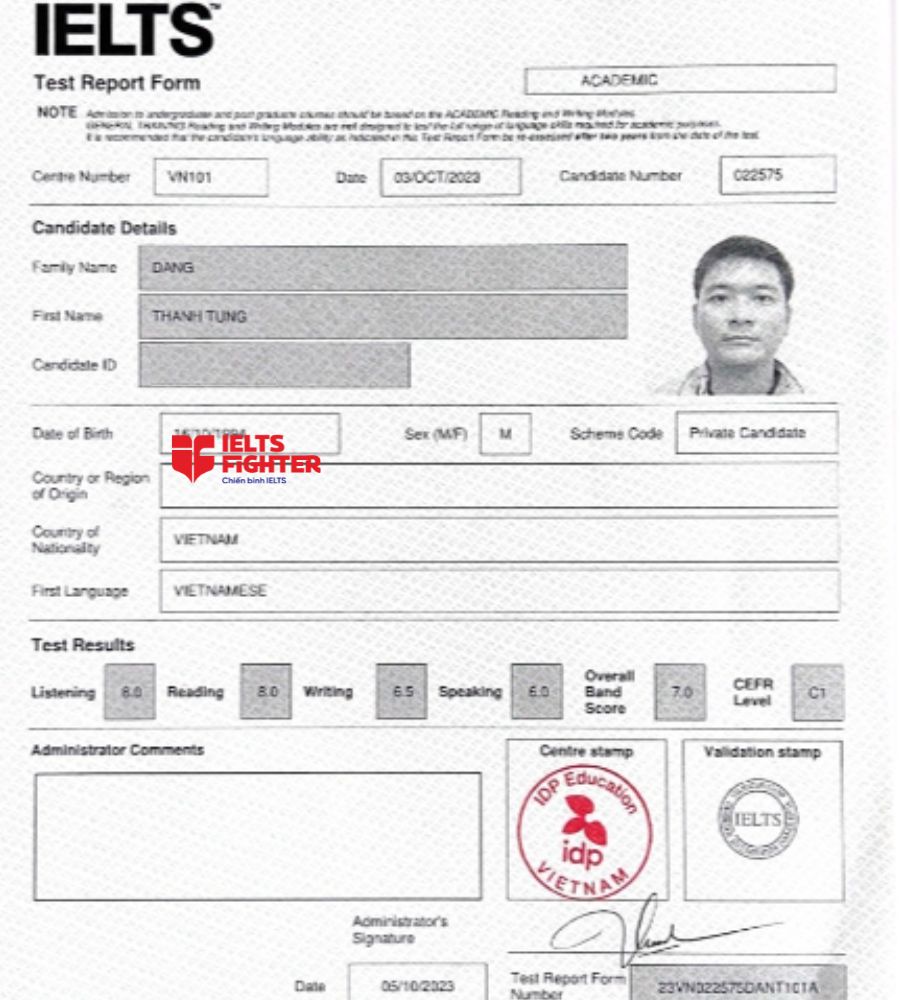 bảng điểm Đặng Thanh Tùng 7.0 IELTS