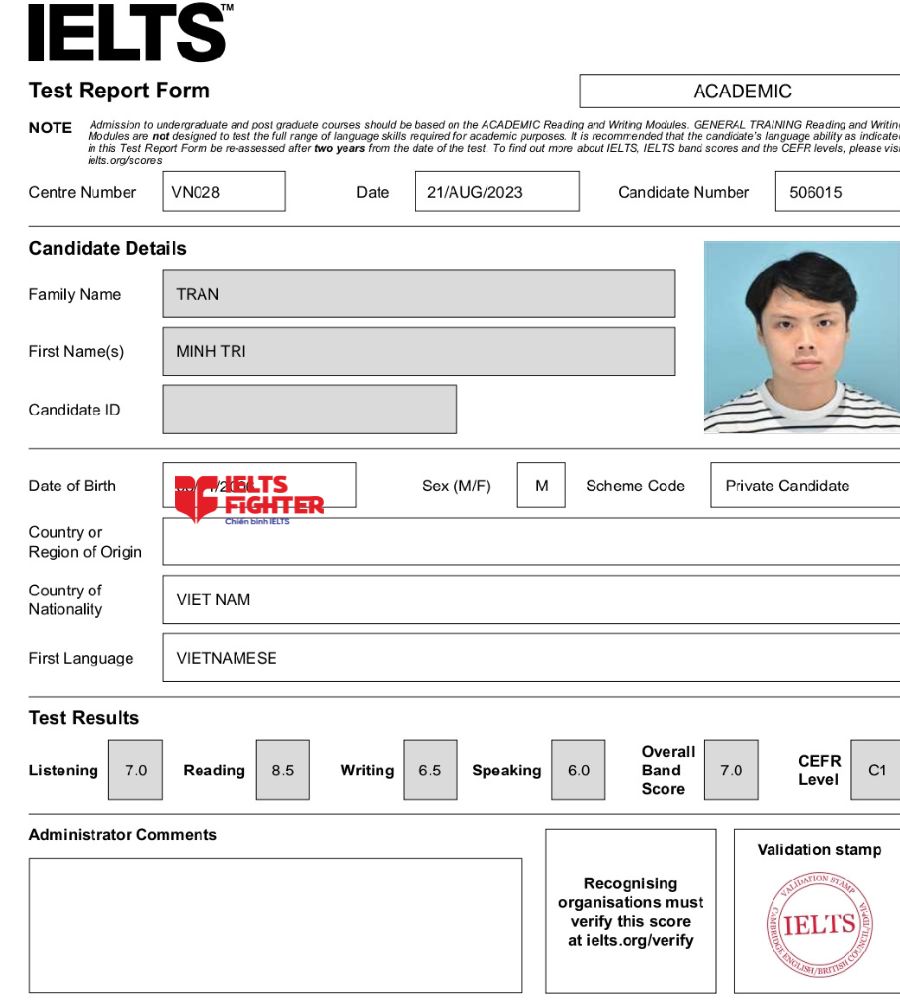 bảng điểm Trần Minh Trí  7.0 IELTS