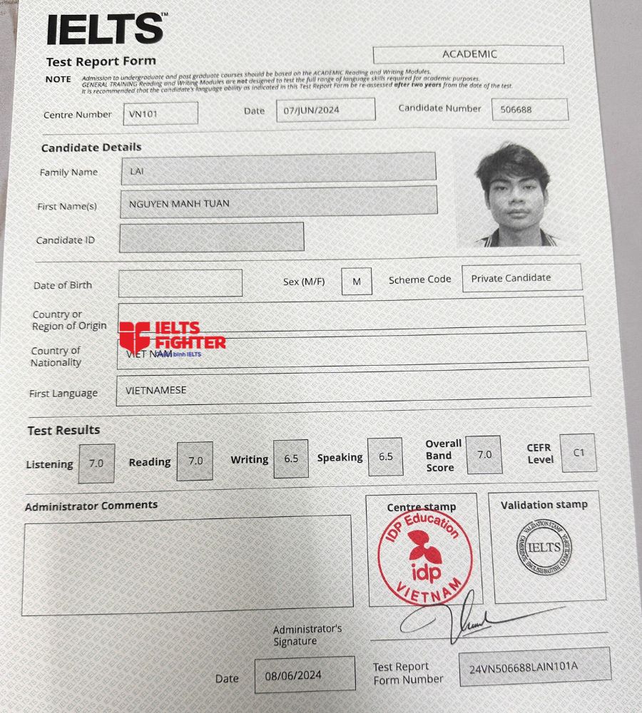 bảng điểm Lại Nguyễn Mạnh Tuấn 7.0 IELTS