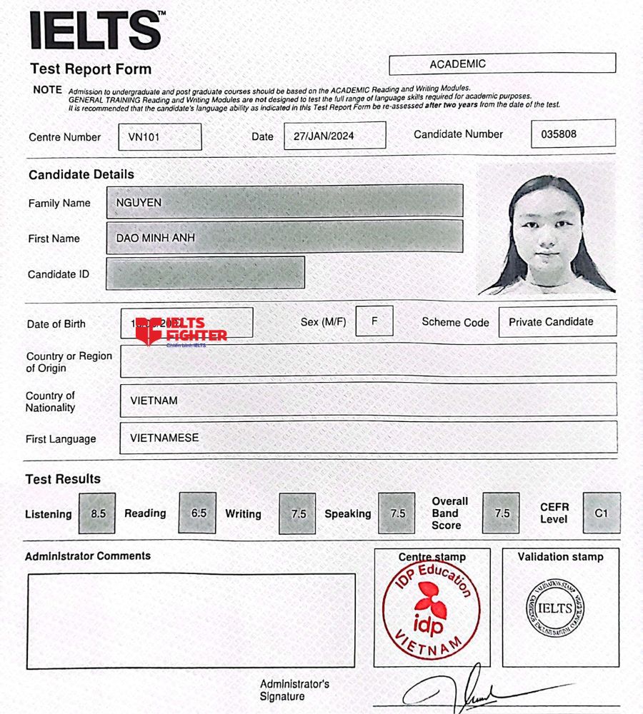 Bảng điểm Nguyễn Đào Minh Anh  7.5 IELTS