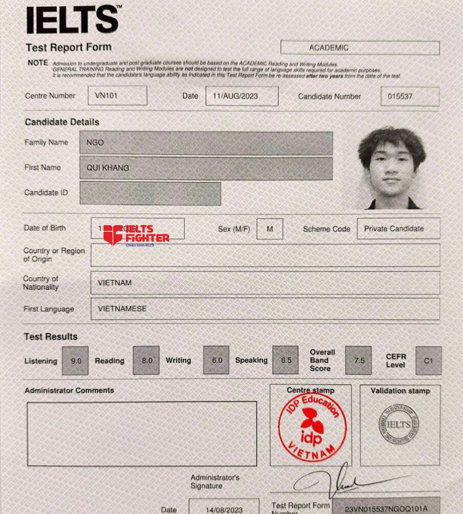 Bảng điểm Ngô Quý Khang  7.5 IELTS