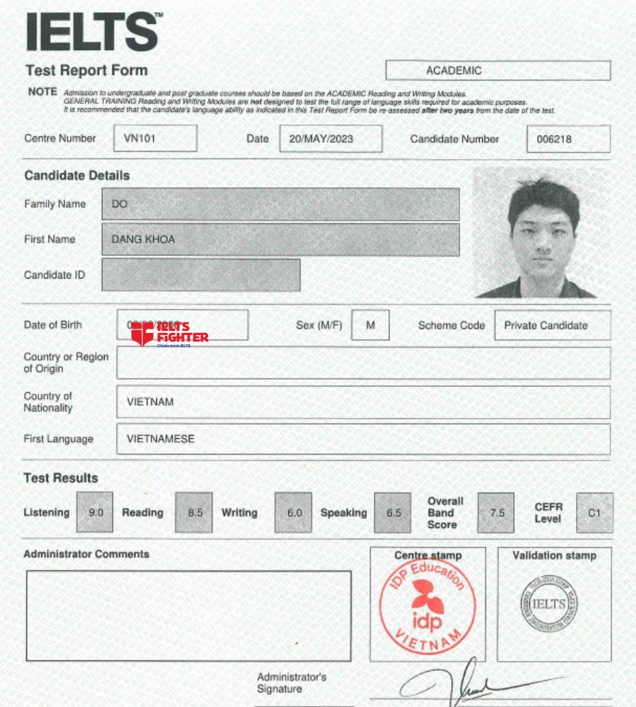 Chứng chỉ Đỗ Đăng Khoa 7.5 IELTS