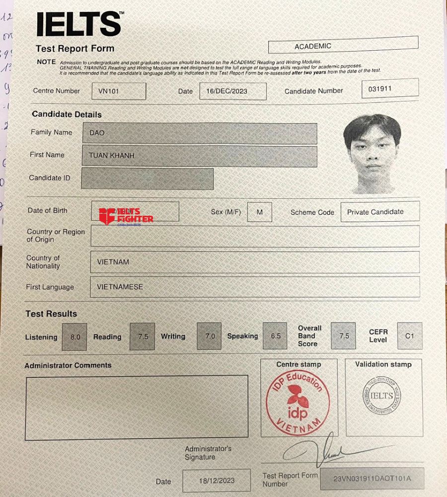 Chứng chỉ Đào Tuấn Khanh 7.5 IELTS