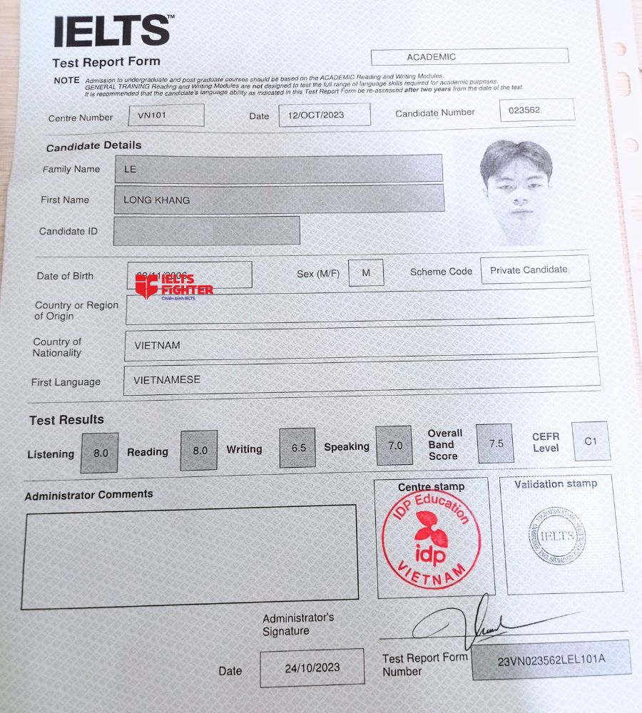 Chứng chỉ Lê Long Khang 7.5 IELTS