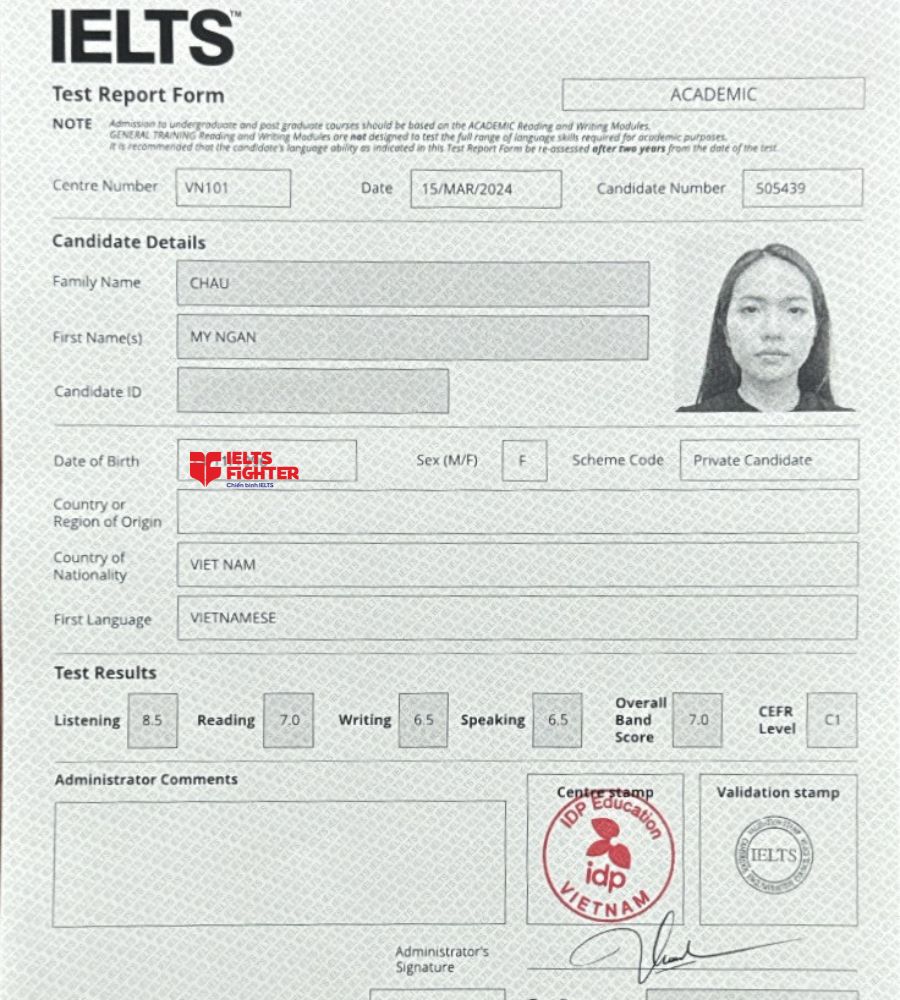 Chứng chỉ Châu Mỹ Ngân 7.0 IELTS