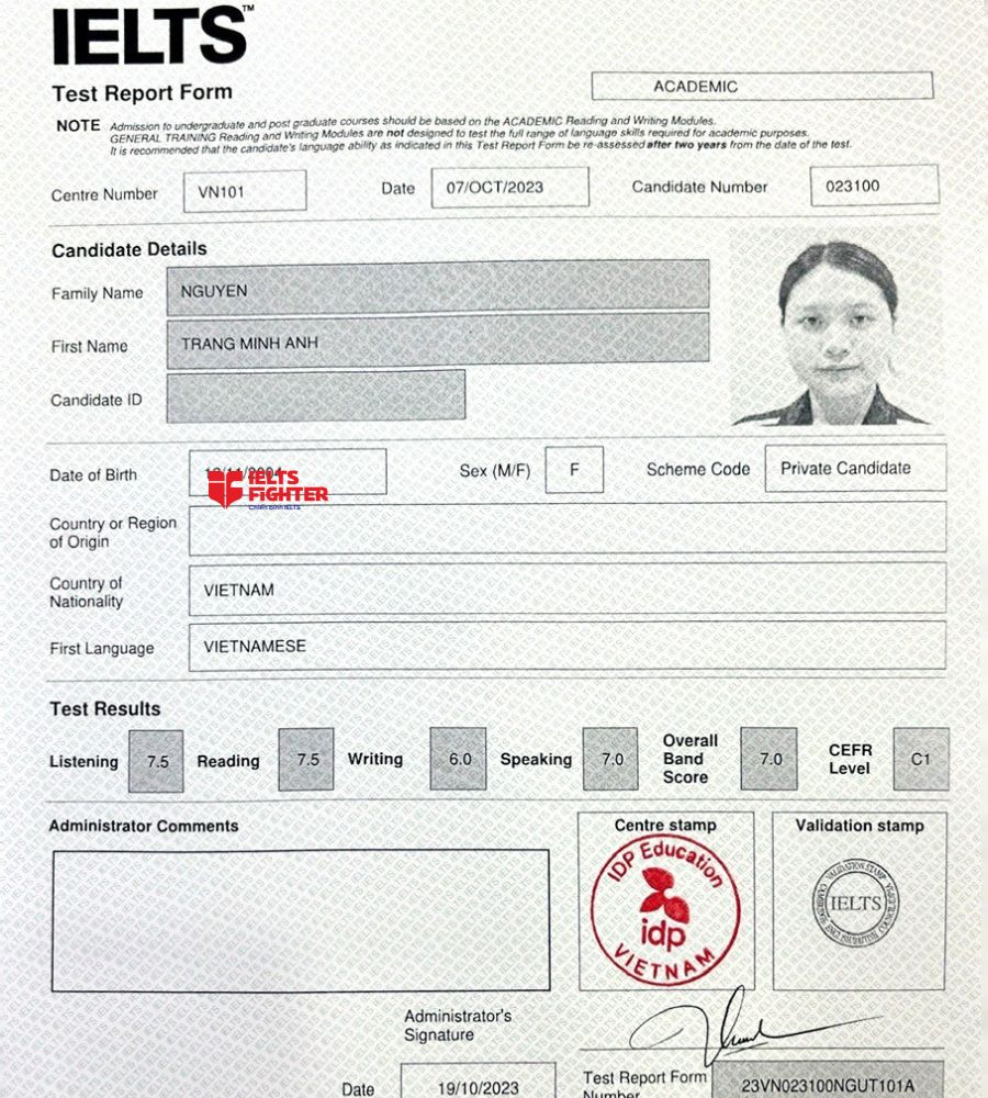 Chứng chỉ Nguyễn Trang Minh Anh  7.0 IELTS