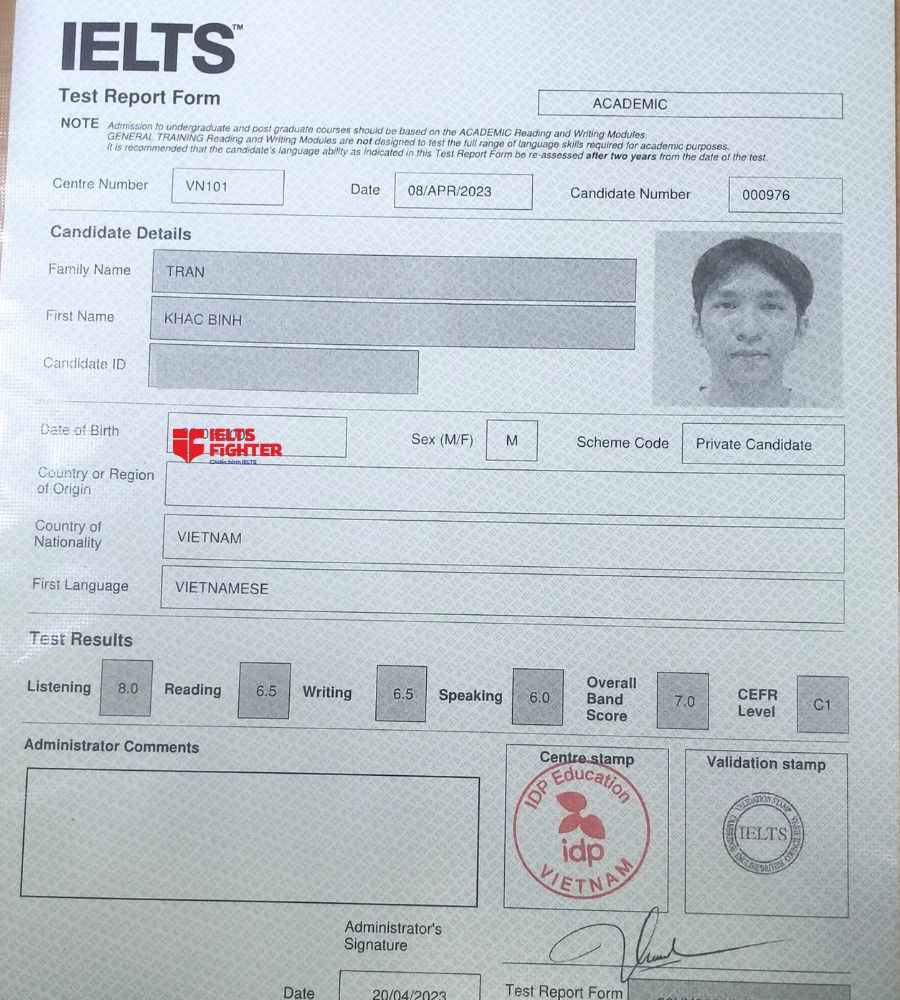 Chứng chỉ Trần Khắc Bình  7.0 IELTS