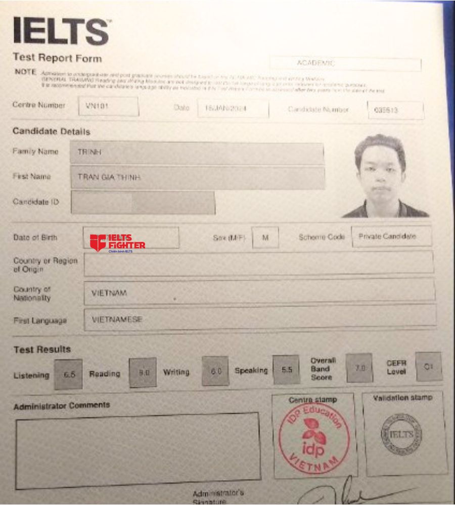 Chứng chỉ Trịnh Trần Gia Thịnh 7.0 IELTS