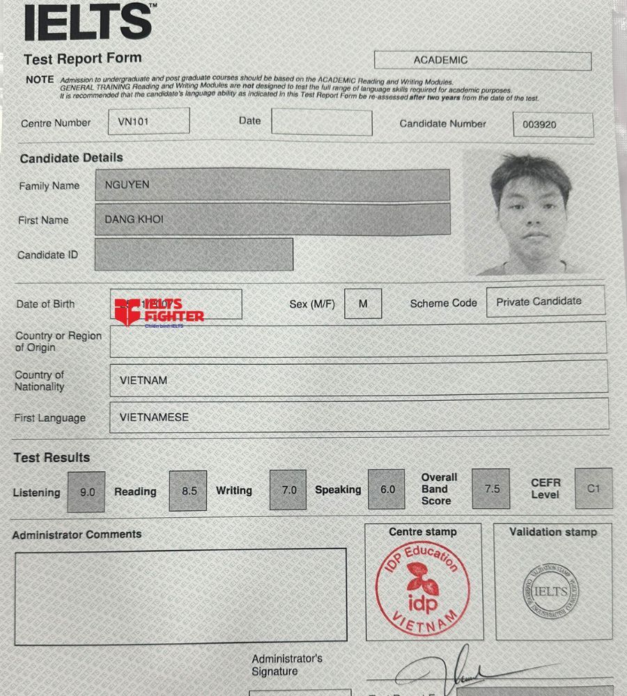 Bảng điểm Nguyễn Đăng Khôi  7.5 IELTS