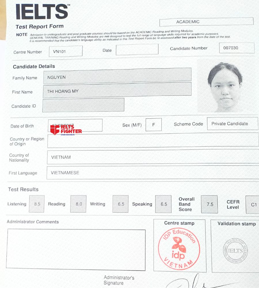 Chứng chỉ Nguyễn Thị Hoàng Mỹ 7.5 IELTS