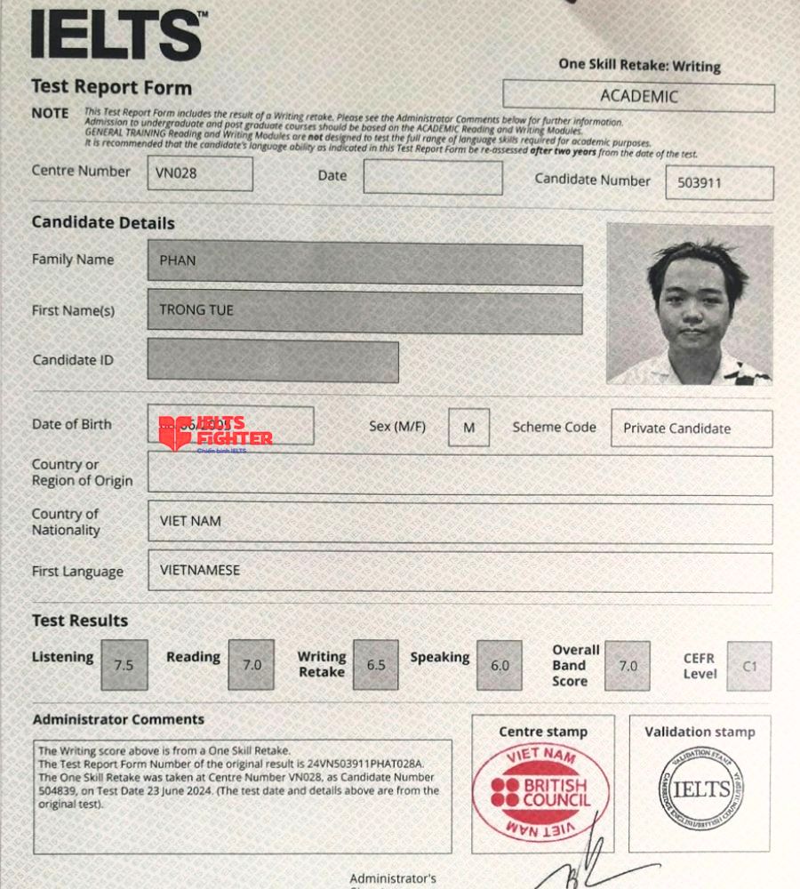 Bảng điểm Phan Trọng Tuệ  Overall: 7.0 IELTS
